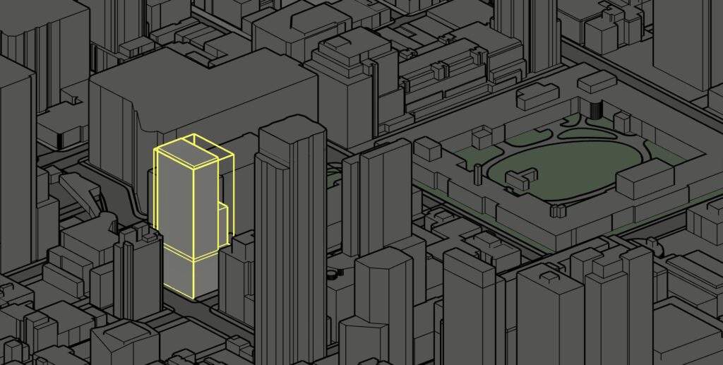 An online 3D rendering with a proposed high-rise outlined in yellow in downtown Toronto near Yonge and Dundas.