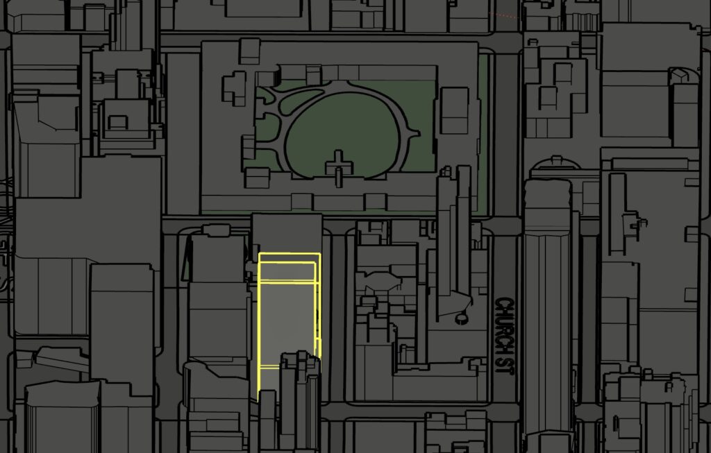 An online 3D rendering with a proposed high-rise outlined in yellow in downtown Toronto near Yonge and Dundas.