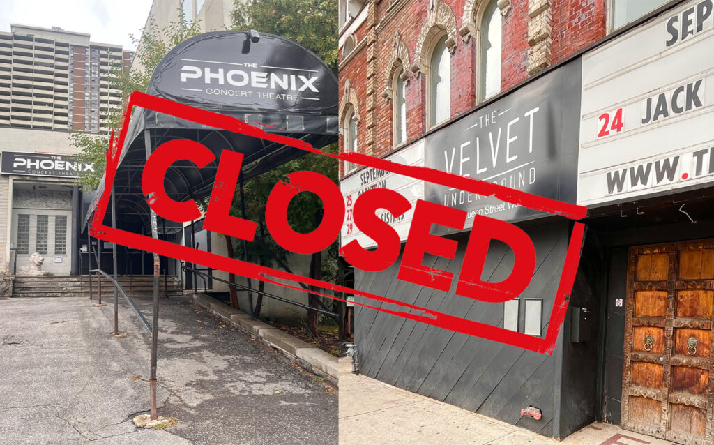 Side-by-side image of The Phoenix Concert Theatre (left) and The Velvet Underground (right) stamped with a red 'Closed' sign.