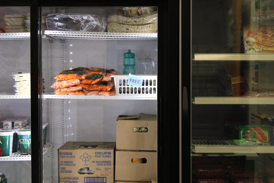 A photo of a fridge with food inside from the Good Foot Centre on TMU campus.