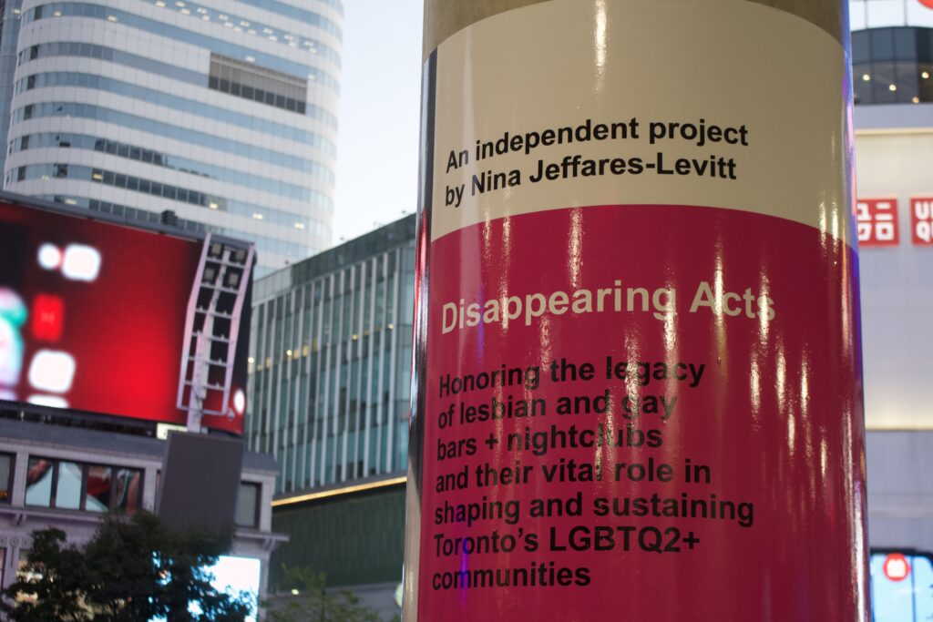 One of the pillars at the "Disappearing Acts" installation at Nuit Blanche. It reads the artist's name and a description of the project.