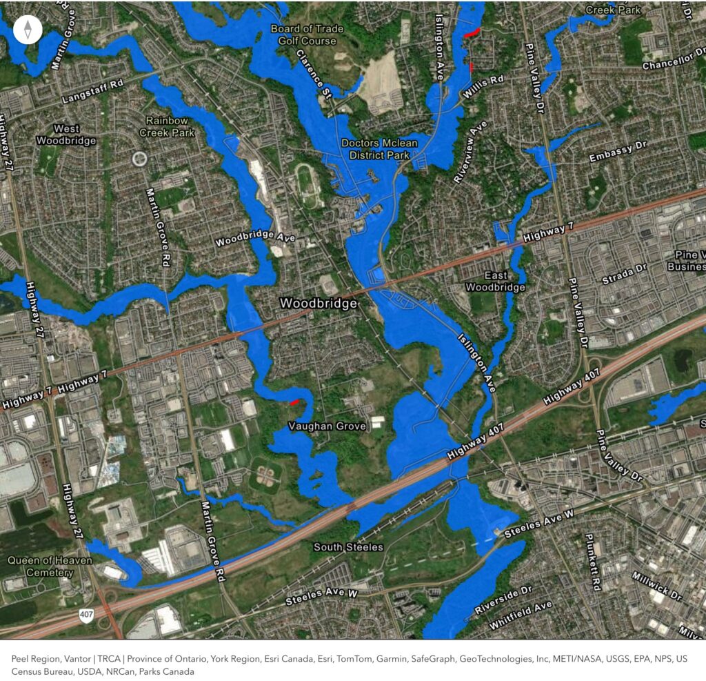 A map of the Flood risk area in Woodbridge.
