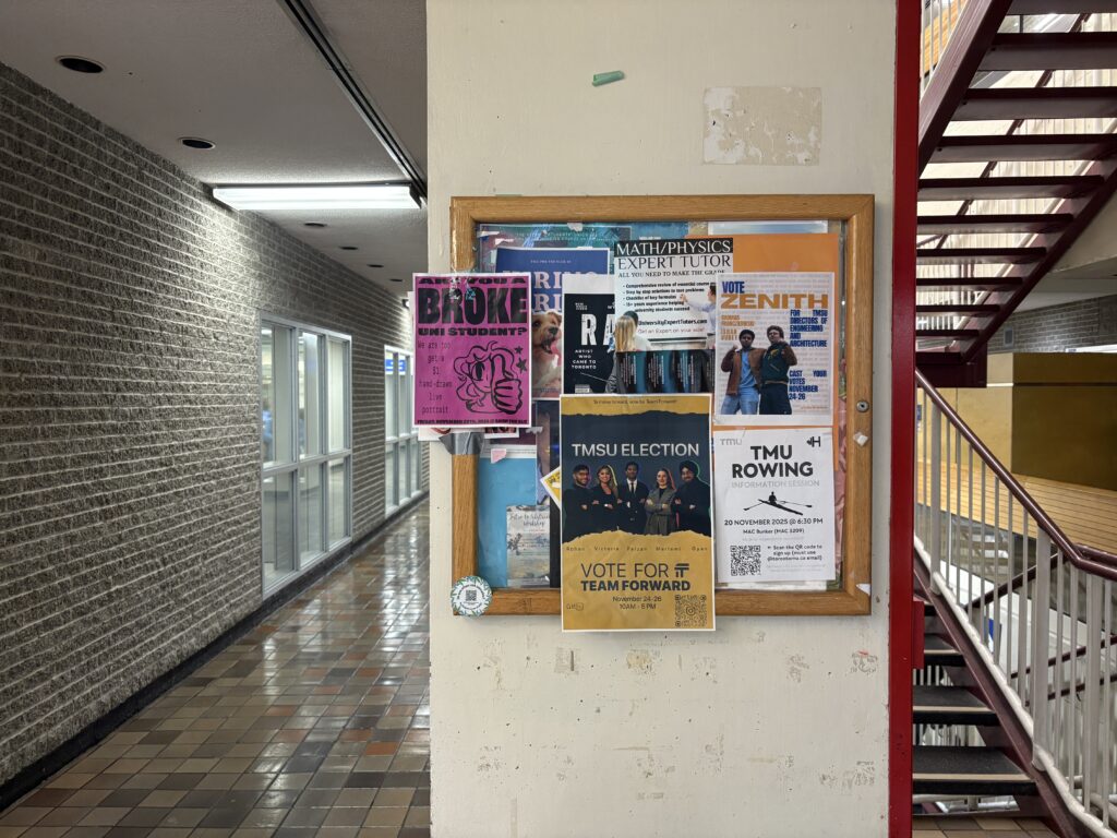 Bulletin board covered in posters.