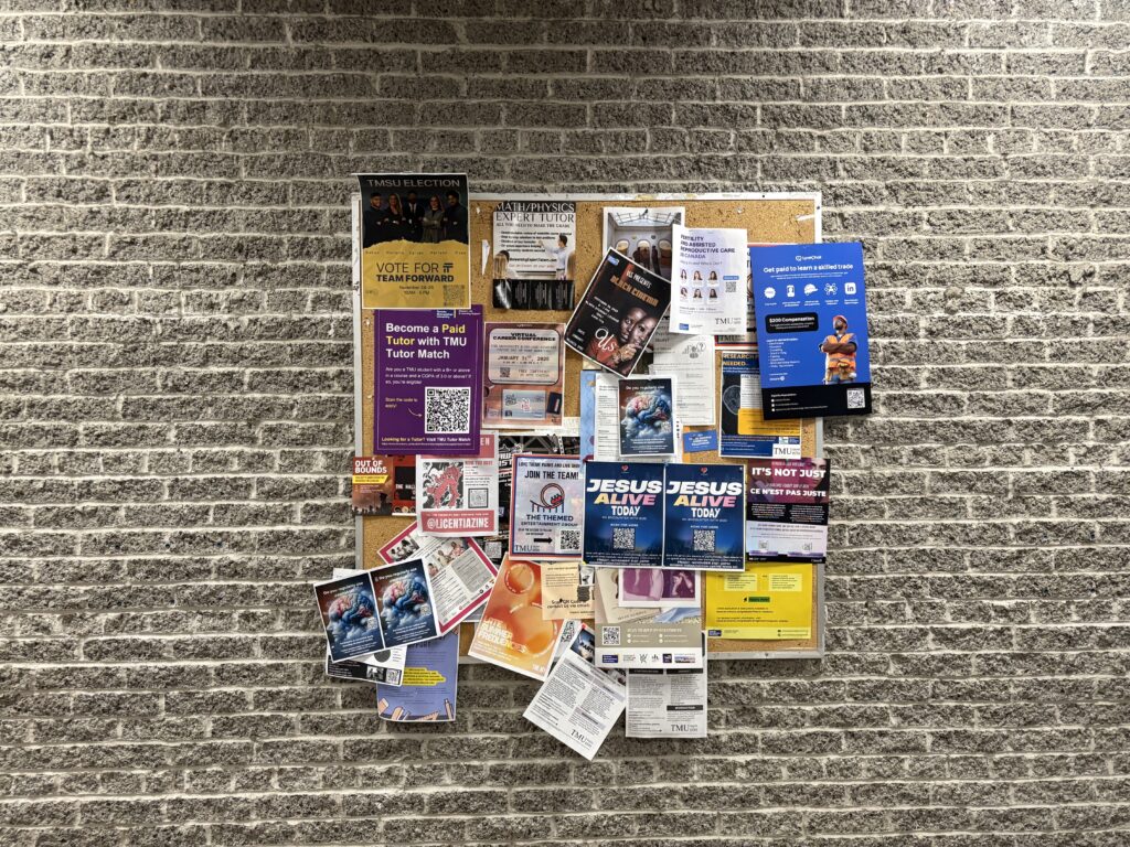 Bulletin board against brick wall