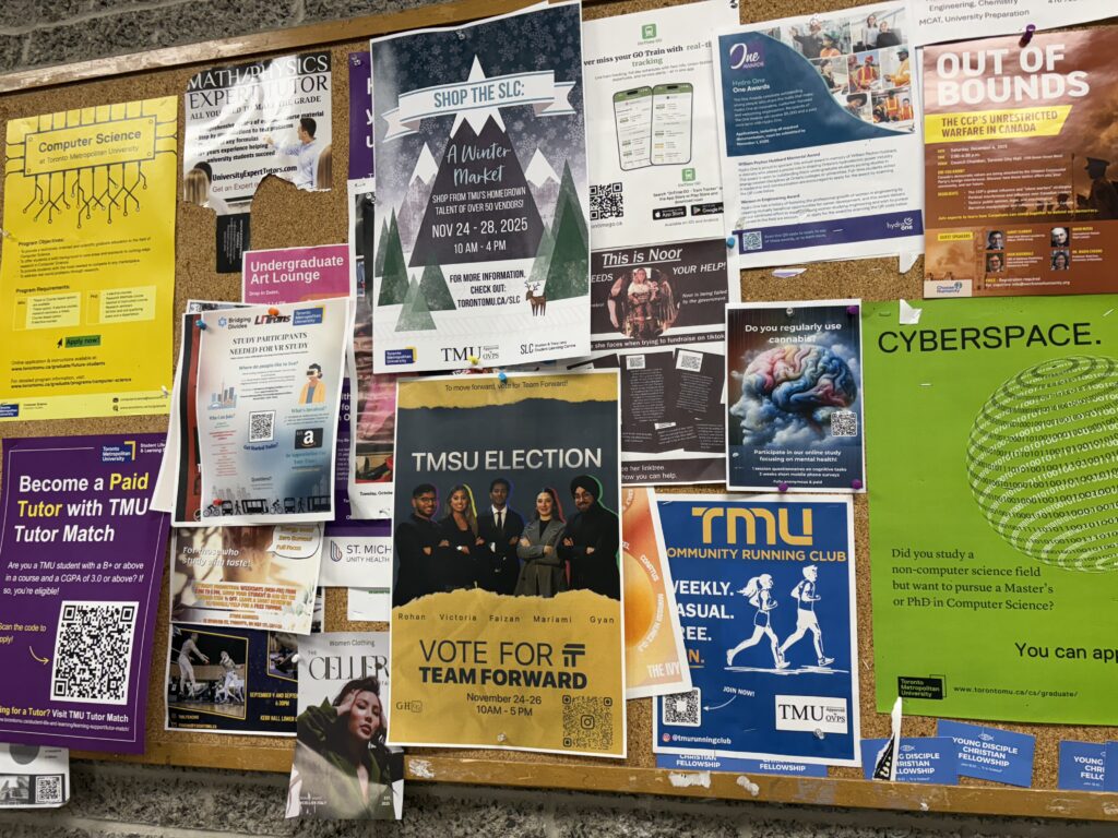 Bulletin board covered in posters.