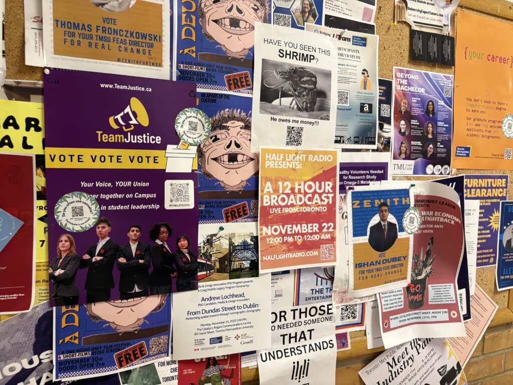 Posters overlapping on bulletin board