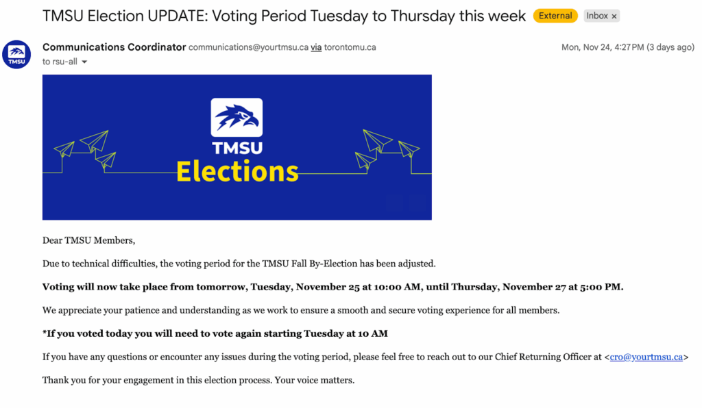 An email sent by the Communications Coordinator at the TMSU