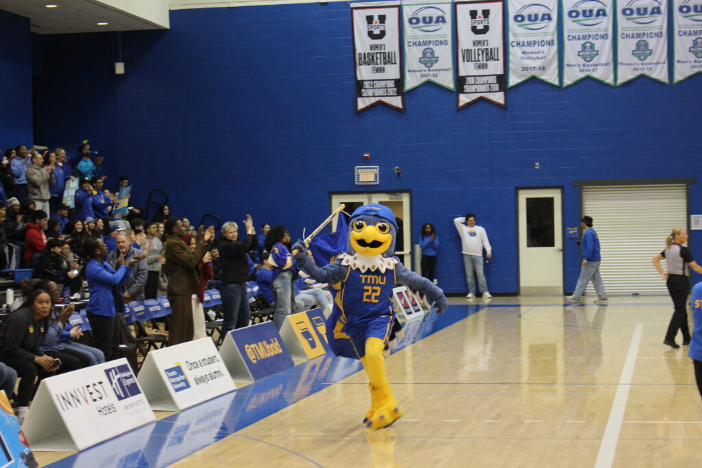 A mascot runs with a flag during a basketball game.
