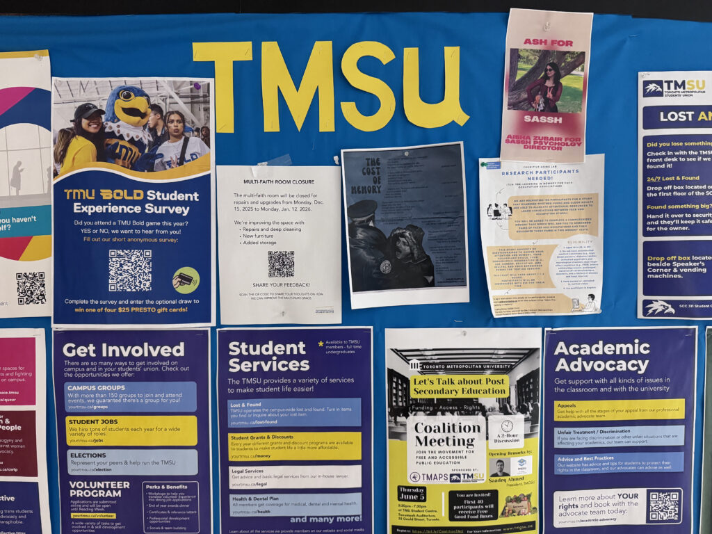 A bulletin board with a lot of posters