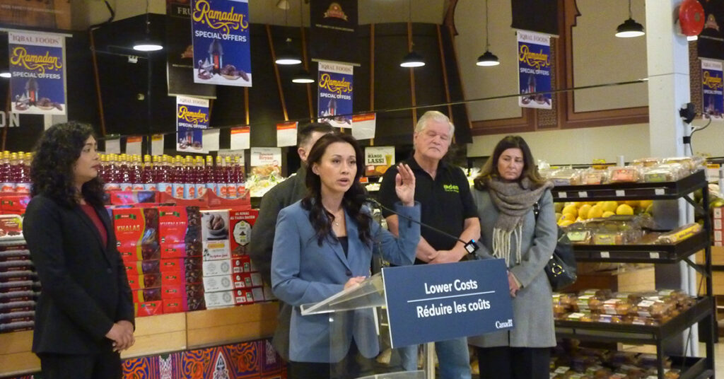 Federal Minister of Women and Gender Equality and Secretary of State Rechie Valdez speaking at Iqbal Foods on the new Groceries and Essentials benefit.