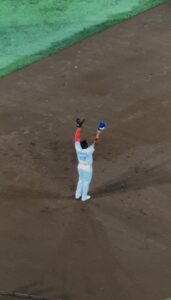 Baseball player standing with his hands in the air 