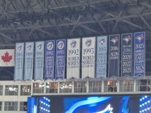 Banners displayed at a baseball stadium 