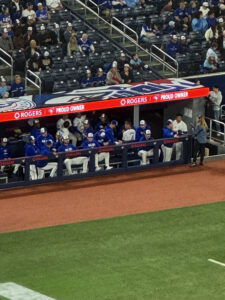 Baseball team in the dugout. 