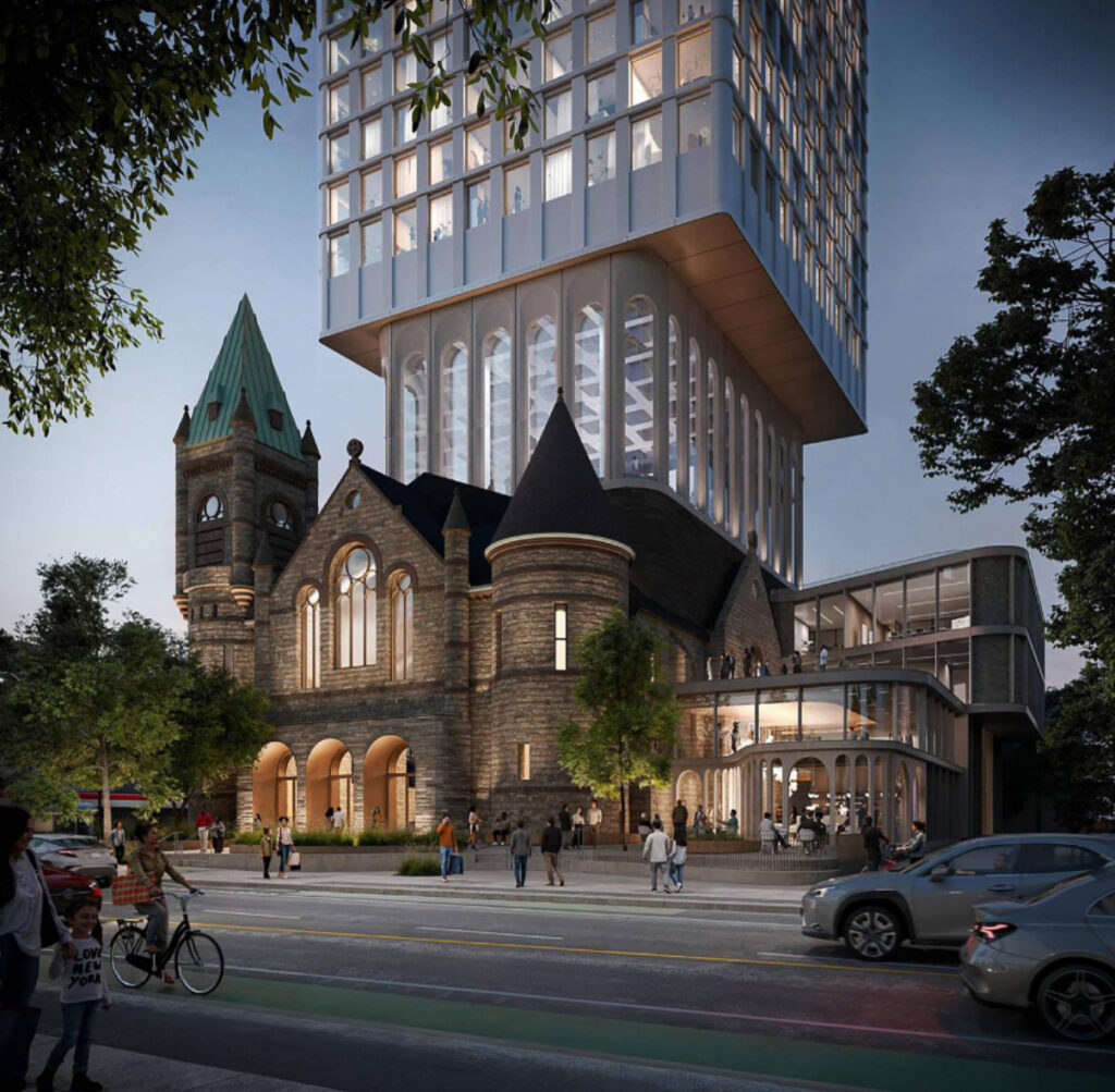A rendering of a church with an apartment tower built on top seen from across a street.
