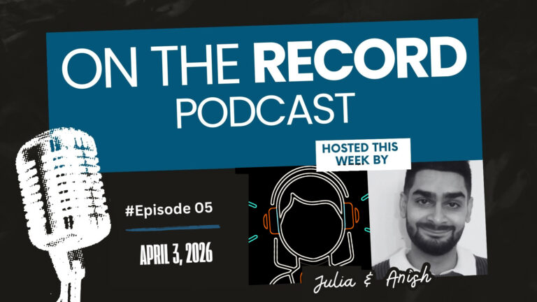 An illustration featuring a photo of one of the podcast hosts and an icon of a podcast host.