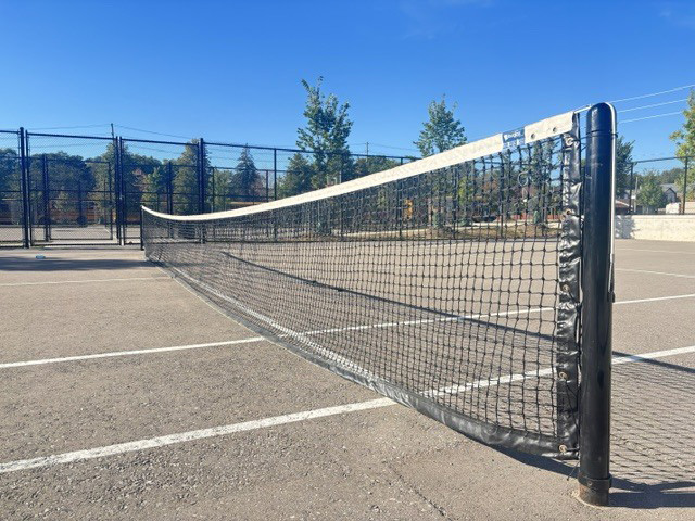 A tennis net in the middle of a concrete tennis court, enclosed by a black metal gate.