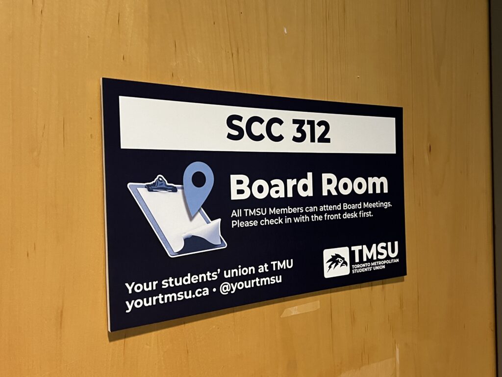 A sign on a door that reads "TMSU Board Room" this was the room for the TMSU Board meeting that took place on Oct. 2, 2026.