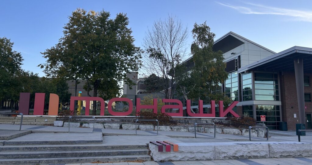 The mohawk College sign at the Fennell Ave campus.